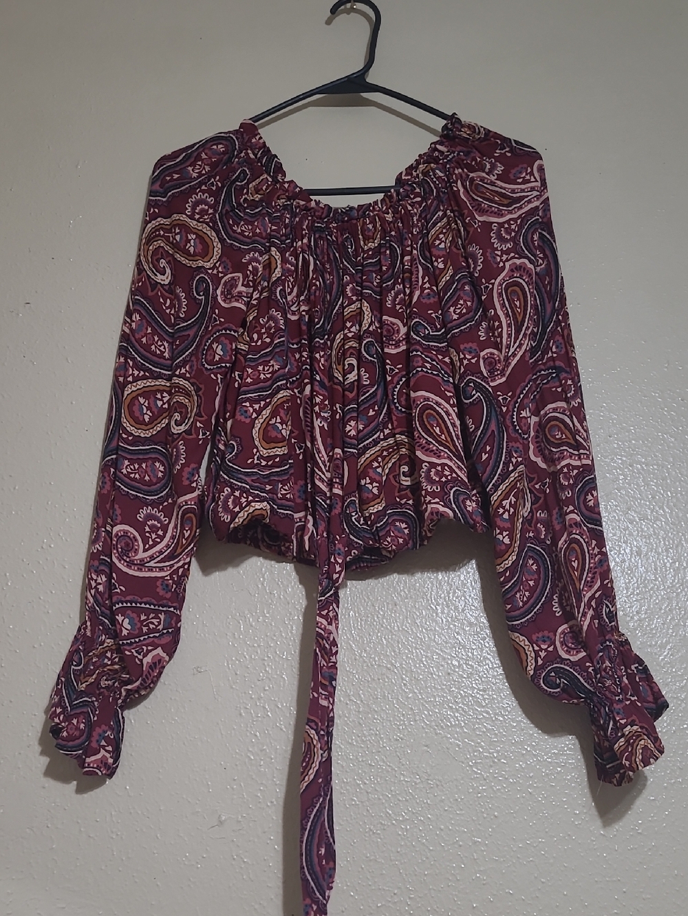 Wrangler Burgundy Paisley Off-Shoulder Tie-Front Crop Blouse